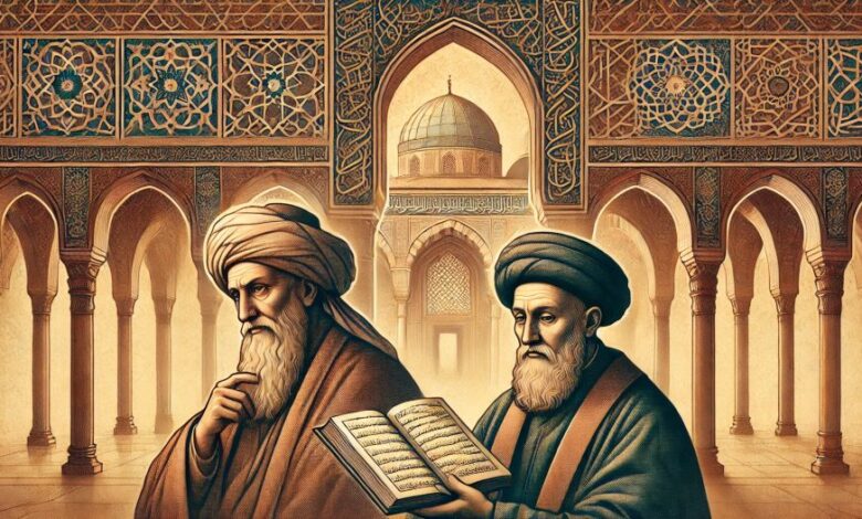 Immagine di Averroè e Avicenna in un ambiente islamico classico, con archi e motivi geometrici, simboli della loro importanza nella filosofia e scienza medievale.
