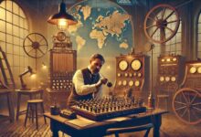 Guglielmo Marconi in un laboratorio circondato da apparecchiature radio antiche, mentre regola i comandi di un trasmettitore, con mappe dell'oceano Atlantico sullo sfondo.