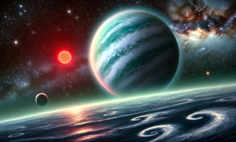 Rappresentazione artistica della superficie oceanica di K2-18b sotto un'atmosfera densa.