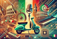 Collage di invenzioni italiane iconiche, tra cui una Vespa, un telefono antico, un pianoforte e un microchip, con lo sfondo del Colosseo e i colori della bandiera italiana.
