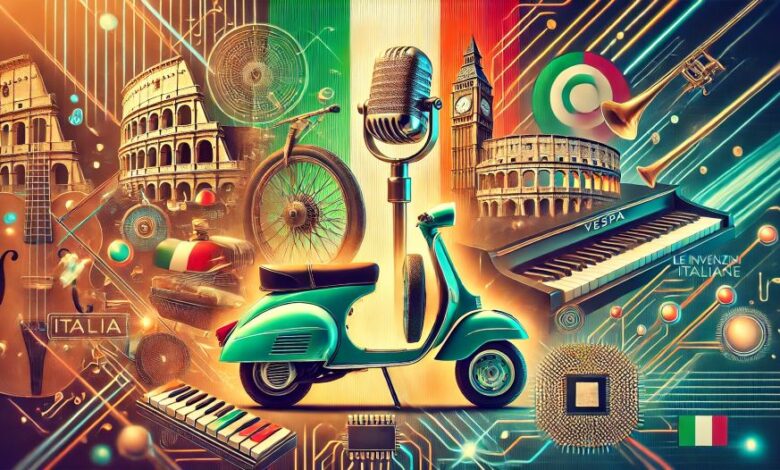 Collage di invenzioni italiane iconiche, tra cui una Vespa, un telefono antico, un pianoforte e un microchip, con lo sfondo del Colosseo e i colori della bandiera italiana.