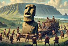 Gli abitanti di Rapa Nui trasportano un Moai utilizzando corde per farlo oscillare, con il paesaggio dell'Isola di Pasqua e il vulcano Rano Raraku sullo sfondo