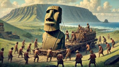 Gli abitanti di Rapa Nui trasportano un Moai utilizzando corde per farlo oscillare, con il paesaggio dell'Isola di Pasqua e il vulcano Rano Raraku sullo sfondo