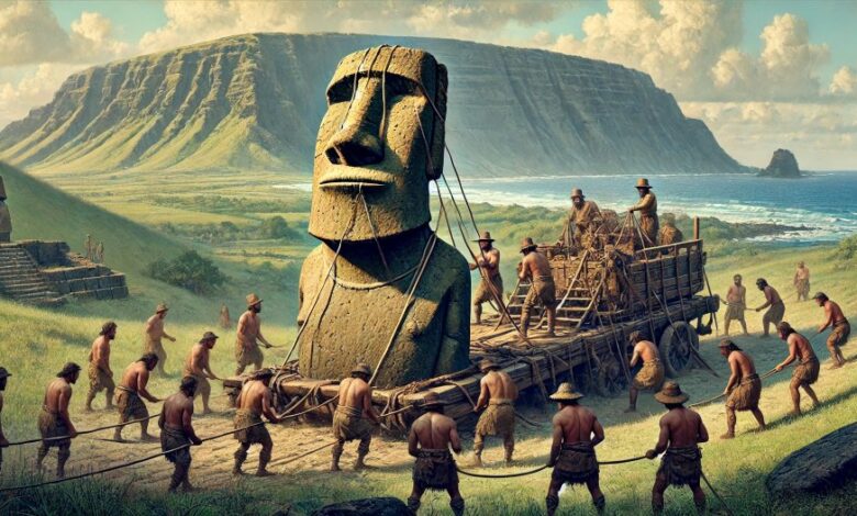 Gli abitanti di Rapa Nui trasportano un Moai utilizzando corde per farlo oscillare, con il paesaggio dell'Isola di Pasqua e il vulcano Rano Raraku sullo sfondo