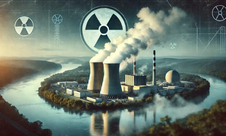Centrale nucleare di Three Mile Island con vapore che sale e un bosco in primo piano.