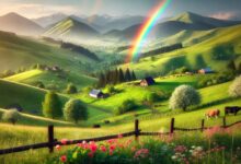Arcobaleno sopra un paesaggio montuoso con verdi colline e picchi rocciosi, visibile dopo un temporale, con il cielo parzialmente sereno.