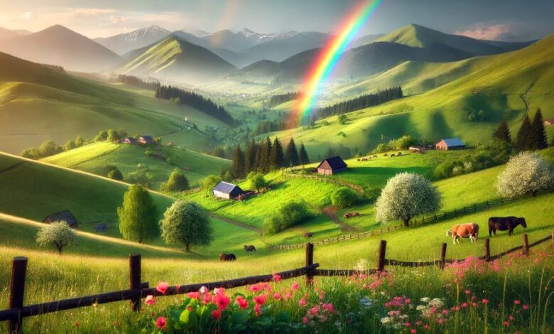Arcobaleno sopra un paesaggio montuoso con verdi colline e picchi rocciosi, visibile dopo un temporale, con il cielo parzialmente sereno.
