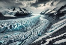 Ghiacciaio in scioglimento con crepe profonde e acqua che scorre a causa del riscaldamento globale.