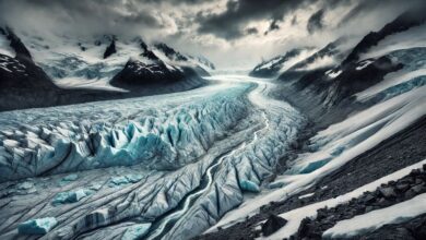 Ghiacciaio in scioglimento con crepe profonde e acqua che scorre a causa del riscaldamento globale.