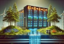 Data center moderno in una foresta con tubi d'acqua e terriccio in primo piano, che rappresenta l'equilibrio tra energia e natura.