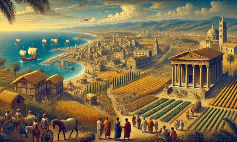 Provincia Romana d'Africa dopo la caduta di Cartagine, con edifici romani, campi fertili e un porto attivo.