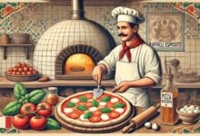Raffaele Esposito prepara una pizza Margherita in una pizzeria napoletana tradizionale con un forno a legna sullo sfondo.