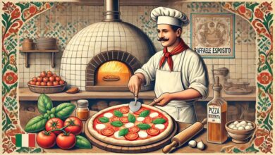 Raffaele Esposito prepara una pizza Margherita in una pizzeria napoletana tradizionale con un forno a legna sullo sfondo.