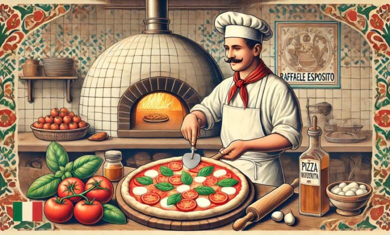 Raffaele Esposito prepara una pizza Margherita in una pizzeria napoletana tradizionale con un forno a legna sullo sfondo.