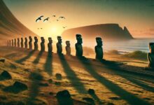 Statue Moai sull'Isola di Pasqua al tramonto, con l'oceano e il vulcano Rano Kao sullo sfondo, e uccelli che volano nel cielo, simbolo del culto dell'uomo uccello.