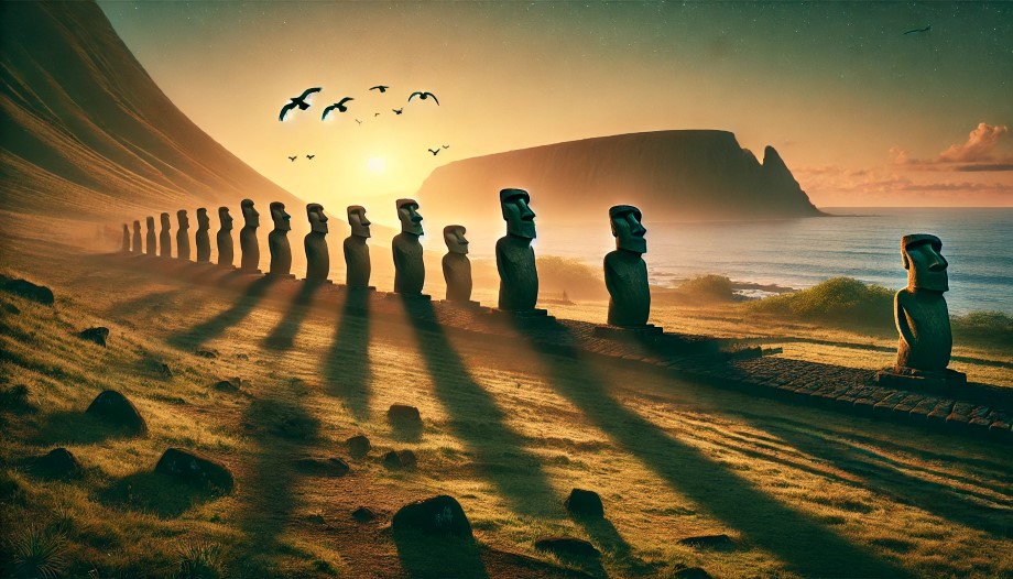 Statue Moai sull'Isola di Pasqua al tramonto, con l'oceano e il vulcano Rano Kao sullo sfondo, e uccelli che volano nel cielo, simbolo del culto dell'uomo uccello.