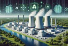 Centrale nucleare moderna con simboli di energia pulita e collegamenti digitali verso data center di Microsoft.