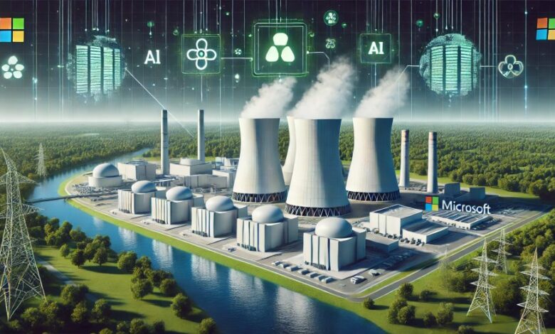 Centrale nucleare moderna con simboli di energia pulita e collegamenti digitali verso data center di Microsoft.