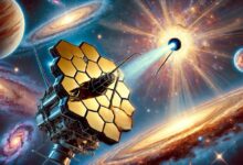 Illustrazione del telescopio spaziale James Webb in orbita, con un quasar luminoso sullo sfondo che emette getti di particelle.