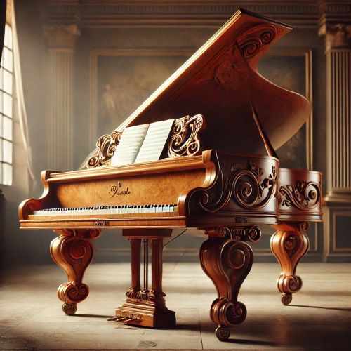 il pianoforte Pianoforte a coda in legno con dettagli ornati, ispirato al design italiano classico, situato in una sala con illuminazione soffusa.