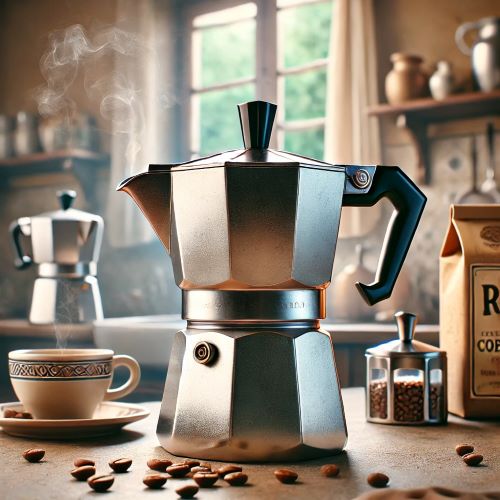Moka italiana classica in metallo con manico nero, posizionata su un piano di cucina con vapore che esce dal beccuccio.