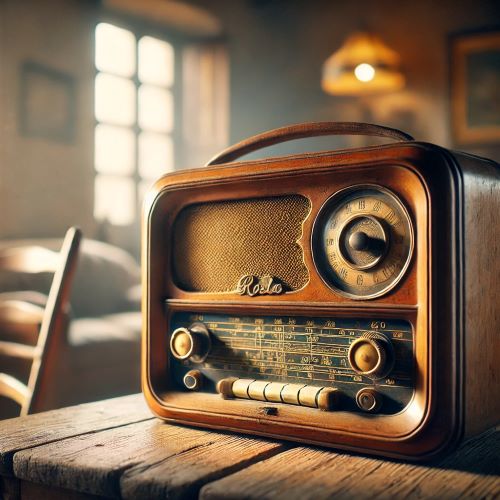 Radio vintage italiana del XX secolo con corpo in legno, posizionata su un tavolo rustico con illuminazione calda.