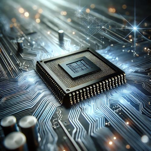 Microchip moderno con dettagli complessi, circondato da un ambiente tecnologico futuristico, con elementi che evocano flussi di dati e innovazione.