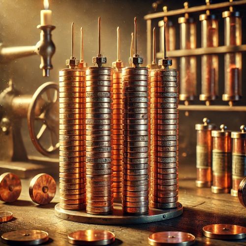 Pila elettrica di Alessandro Volta, composta da dischi di rame e zinco alternati, separati da cartone imbevuto di acqua salata, su un tavolo da laboratorio antico.