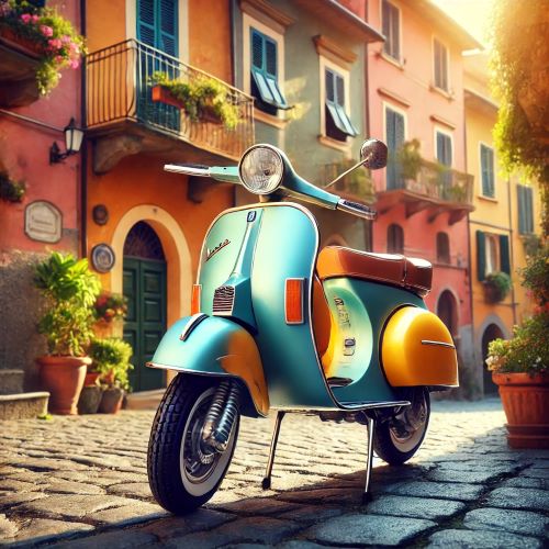 Vespa classica in stile retrò, parcheggiata su una strada di ciottoli, con edifici italiani colorati sullo sfondo.